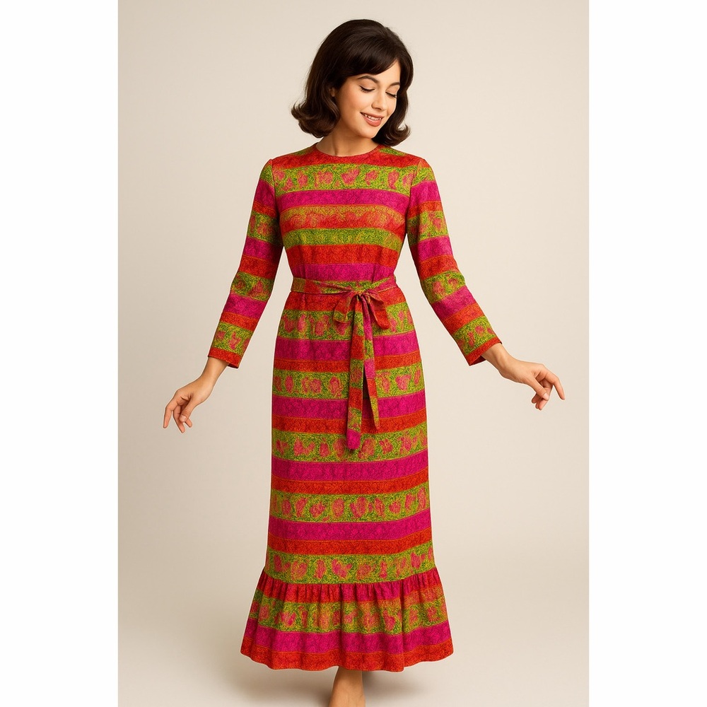 Krist | Retro 60's VTG Vibrant Color Block Belted Long Sleeve Pephem Maxi Dress